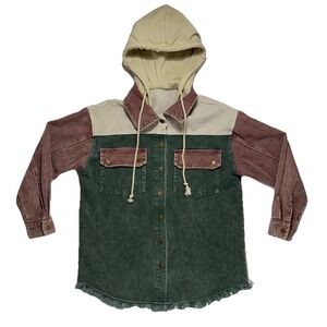 Women's Color Block Corduroy Hoodie Jacket Earth Tones Fall Fringe Size S
